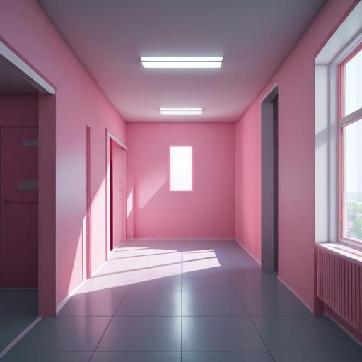 Liminal space type back rooms with Barbie pink walls. By art...