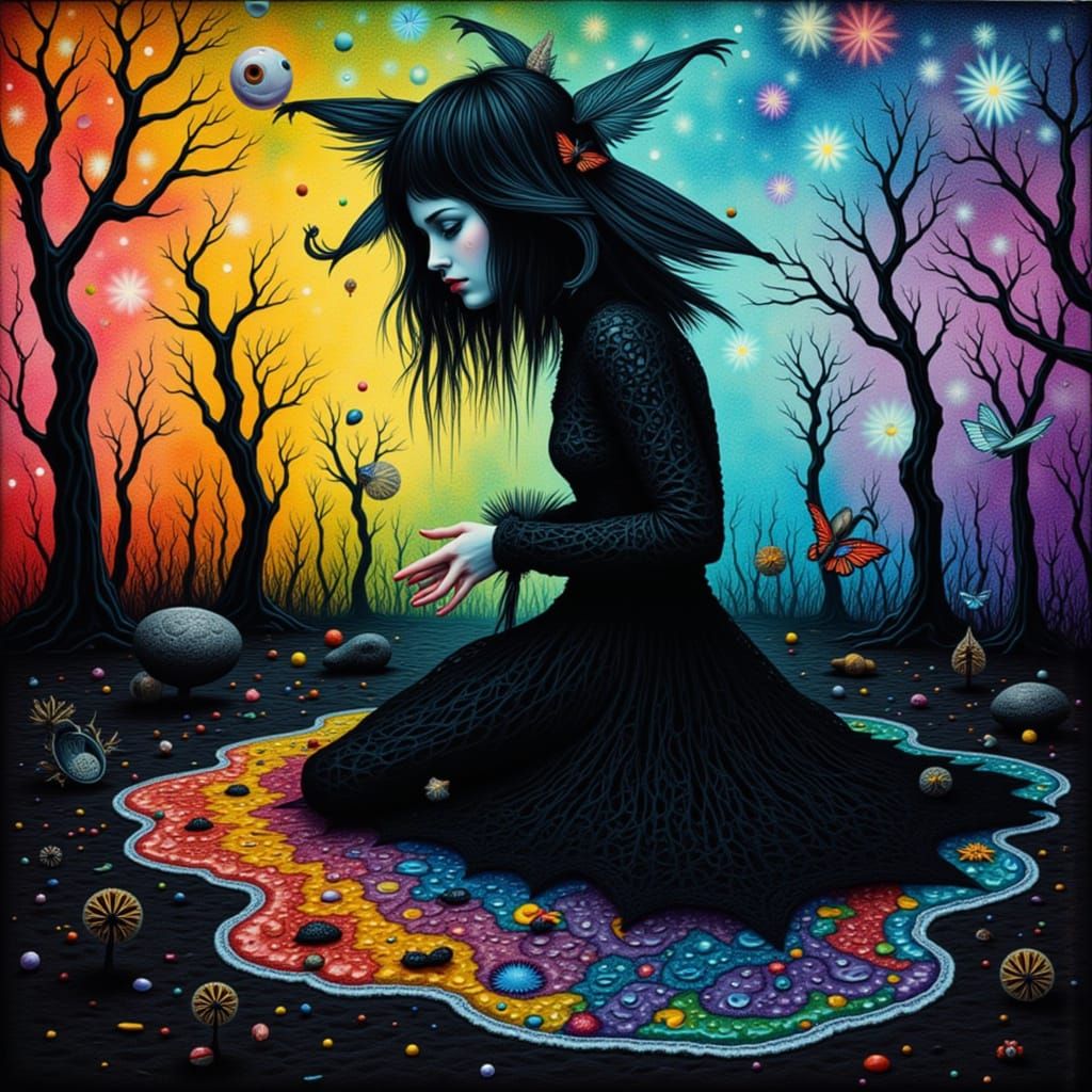 <lora:Wyrd 13:1.0>  A melancholic goth girl with rainbow accents weeps tears of ferrofluid, the tears swirling and merging into intricate pa...