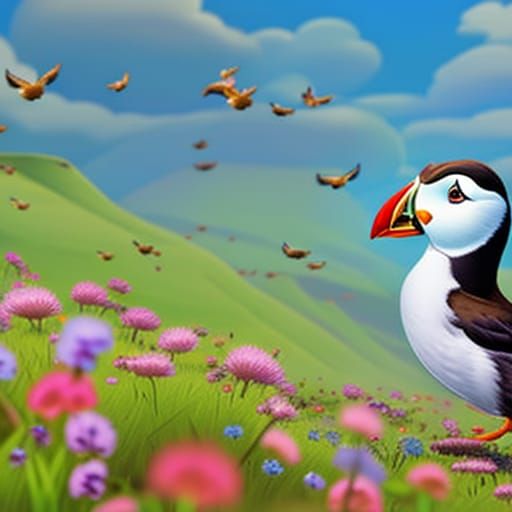 colorful and cheerful meadow with Puffy the Puffin, a cute a...