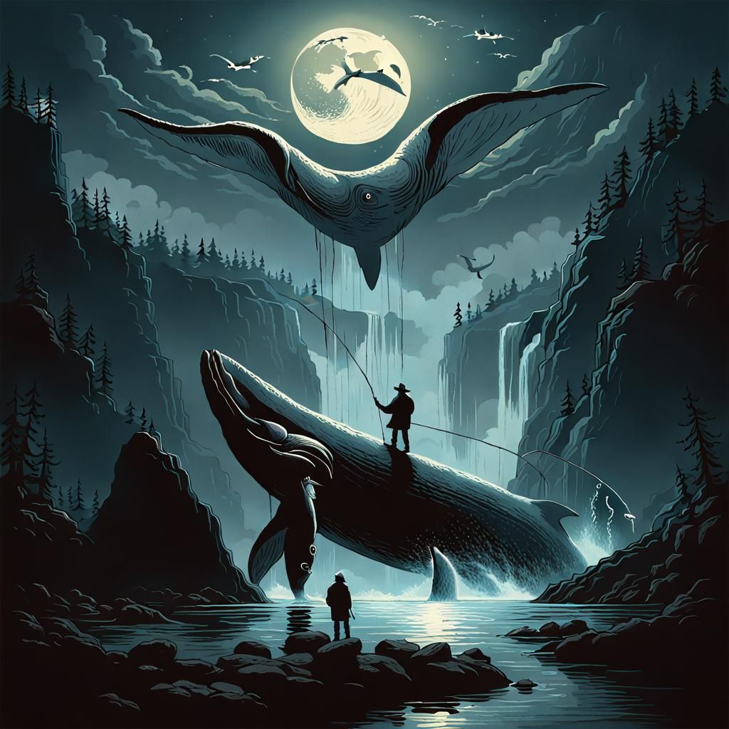 picture of a small men fishing on a stream, a huge god whale...