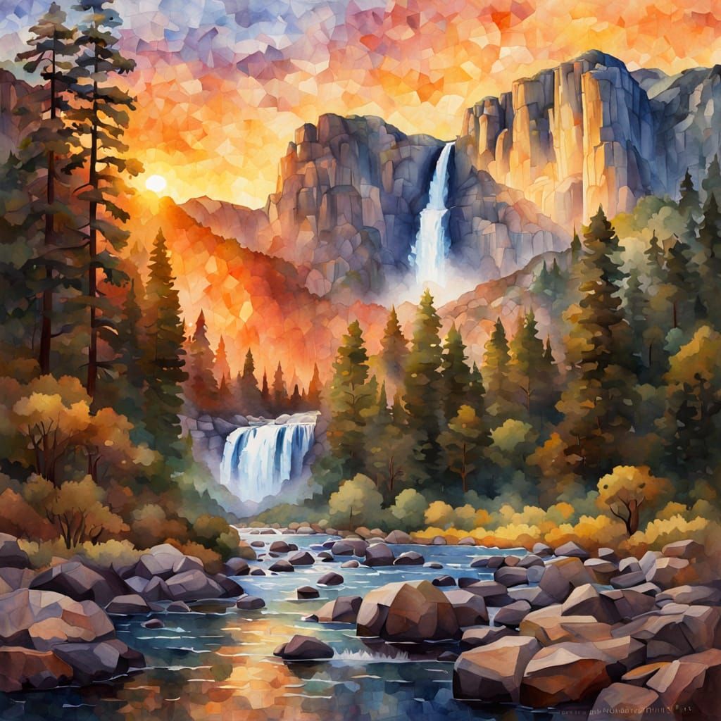 Yosemite waterfall at sunset  watercolor mosaic  by @eileenMcC