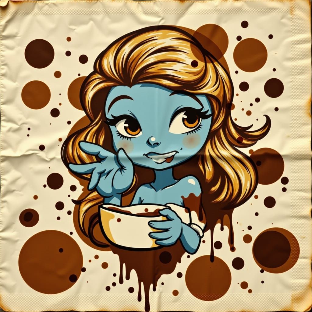 <lora:NC Coffee Stain:1.0> coffee stains Pinup Smurfette smiles and waves