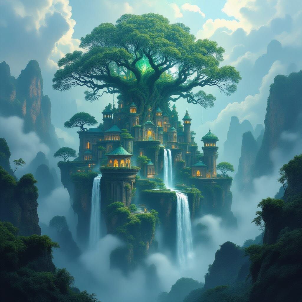 Digital painting. A colossal, ancient treehouse city rises from a misty, dreamlike abyss, its structures interwoven with bioluminescent flor...