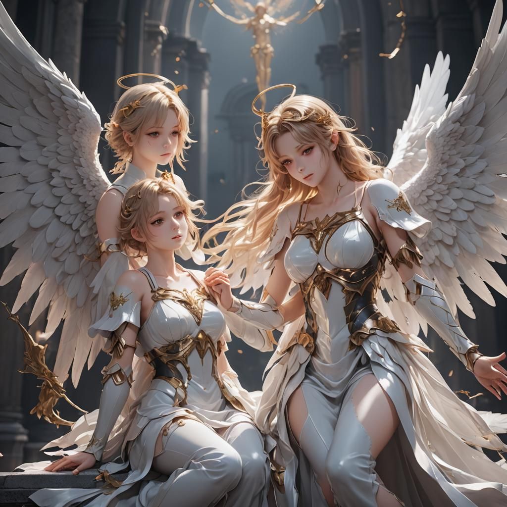 Two angels restraining another.By artist "anime", 3d anime a...