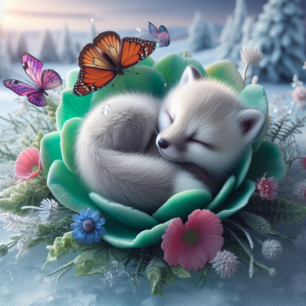 Sleeping Arctic Fox in a snowy winter flower