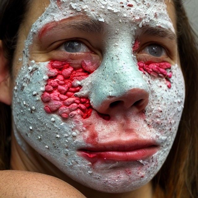 A face covered in millions of pimples, warts and nasty wound...