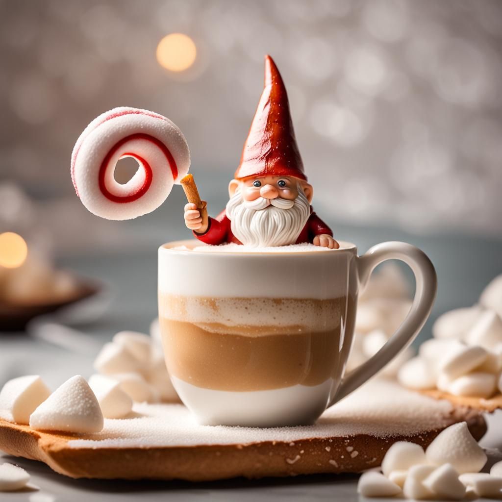 Latte mug on parchment paper, detailed foam in latte with a gnome riding a marshmallow on top of the liquid.