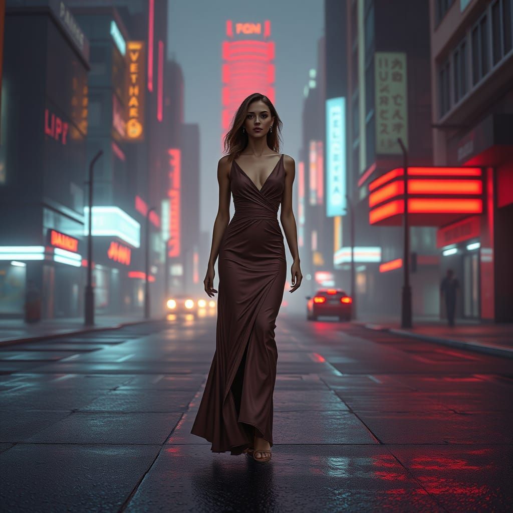 Woman Walks Alone in Futuristic City at Dusk