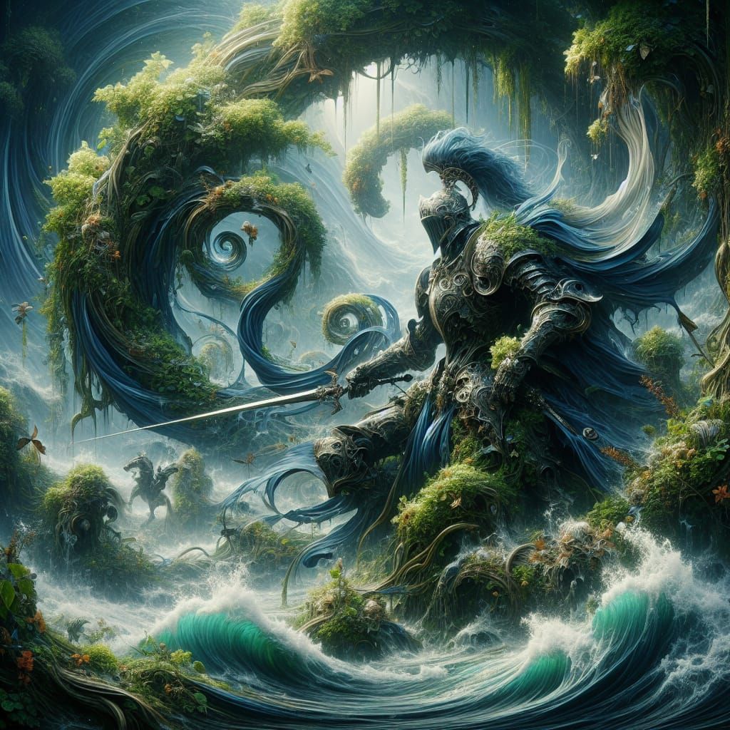 Pen drawing, [knight] fused with nature, plants, water