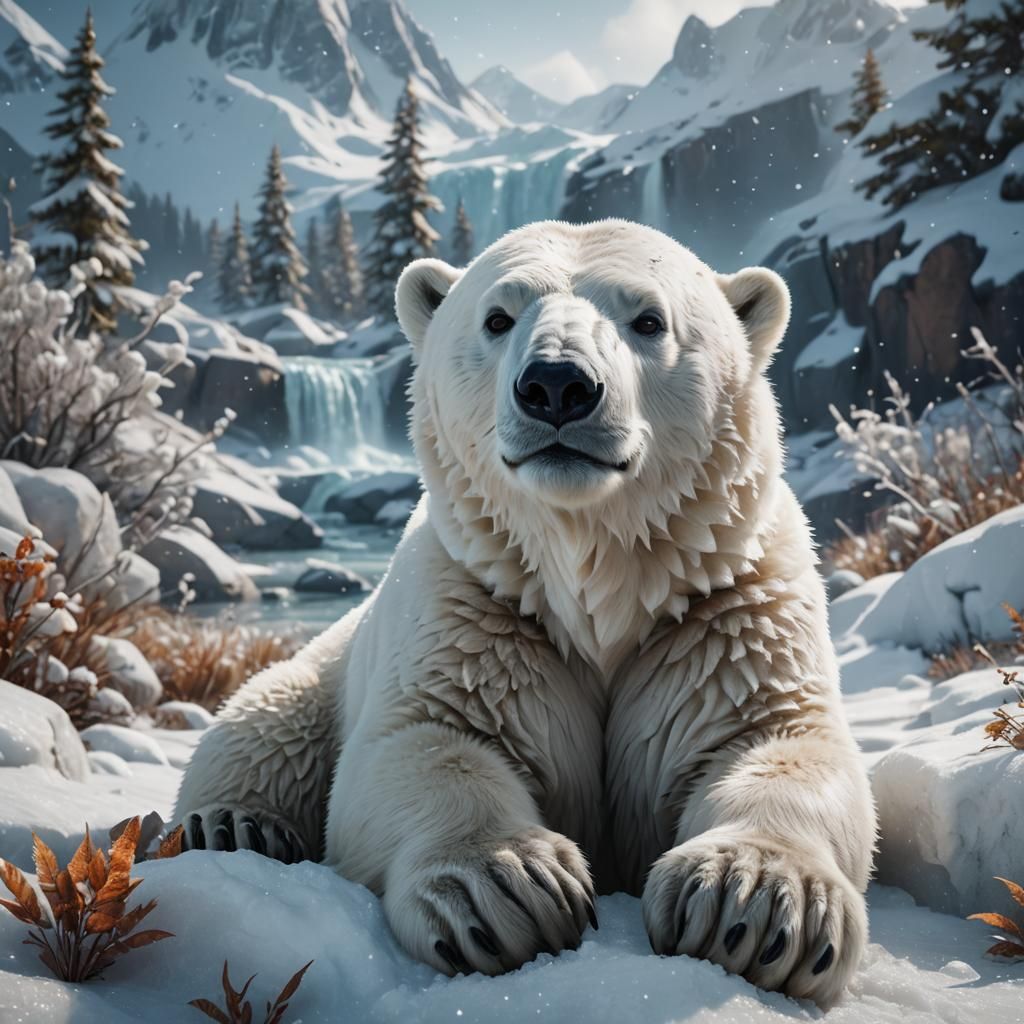 8k small cute polar bear relaxing up close focused, snow cri...