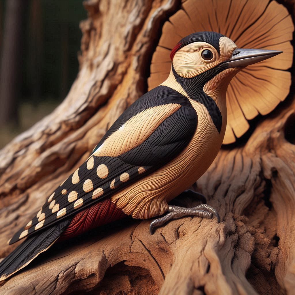 Naturalistic sculpture of a great spotted woodpecker