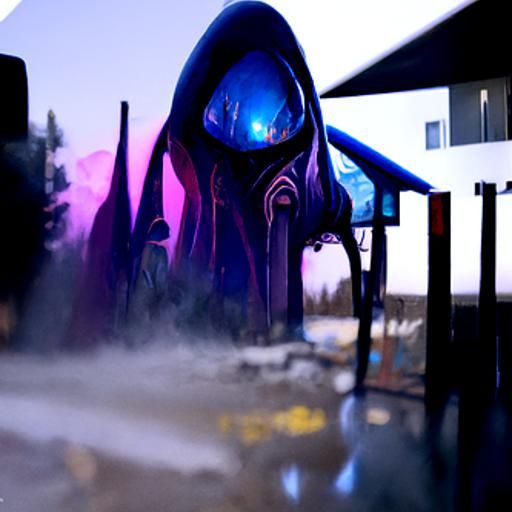 Hooded alien creature in a creepy motel