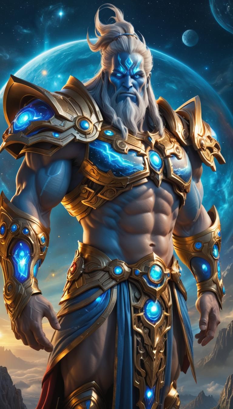 High fantasy epic male Legendary celestial Titan creator of the galaxy wearing celestial tunic| scenic divine light background, high detail...