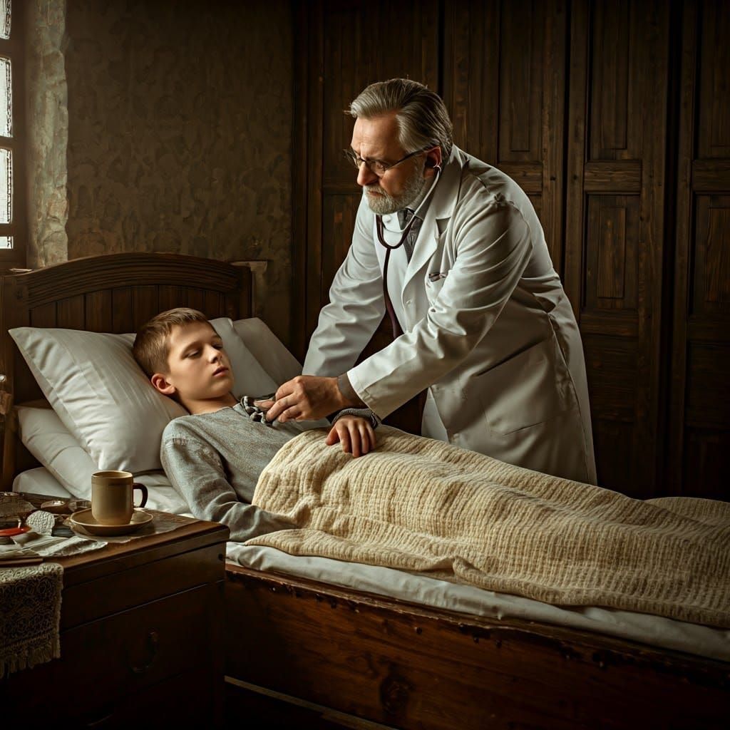 A Medieval Doctor Examines a Sick Boy with Serious Intent