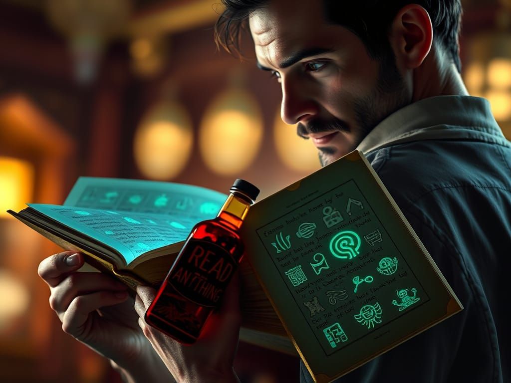 An over the shoulder view of a man reading a book with glowing hieroglyphs on the pages, he's holding a small, red decorative bottle with a ...