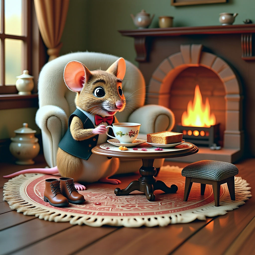 A field mouse drinking tea from a teacup and eating toast while sitting at a tiny table made of a spool of thread and a matchbook tabletop. ...