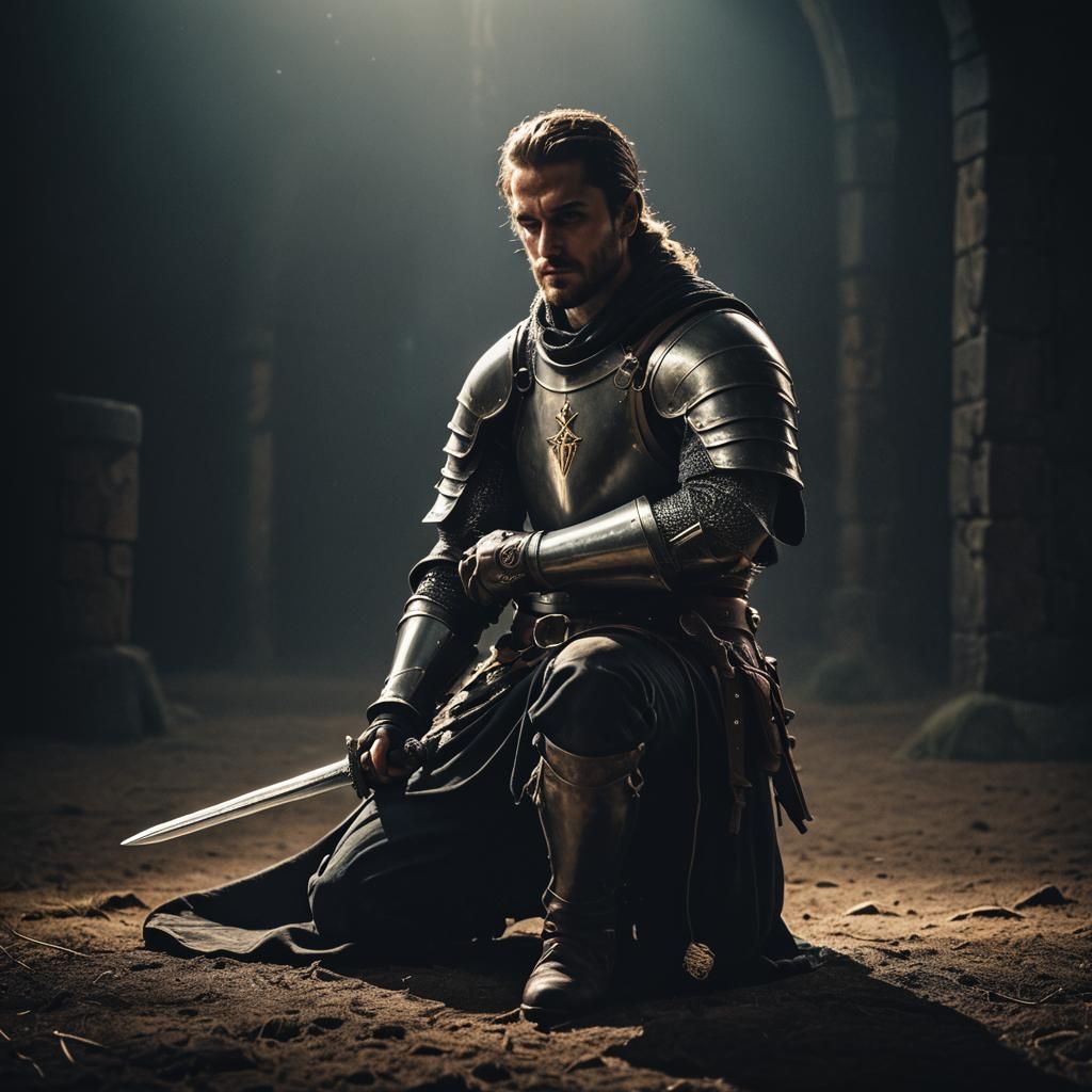 A rugged medieval knight kneeling with his sword