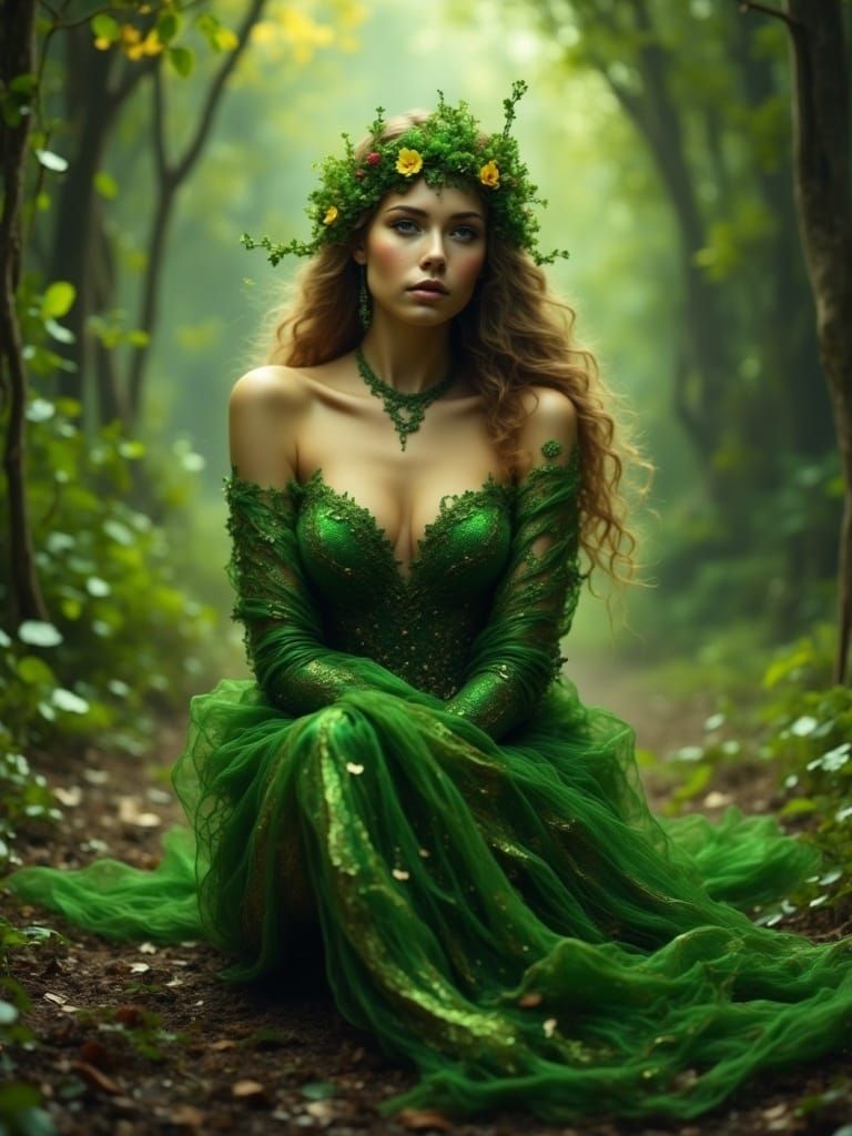 Vibrant green beauty princess waits all alone  