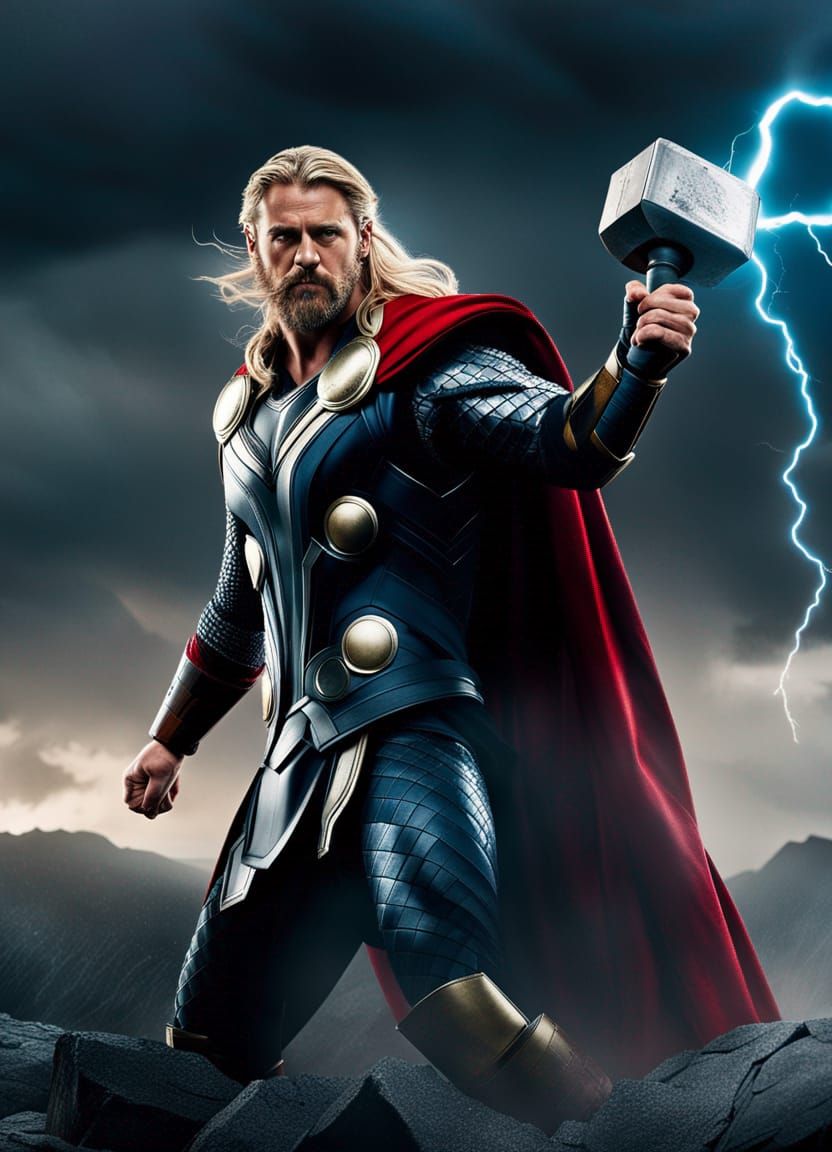 intense cinematic scene a brooding Thor, his hammer Mjolnir crackling ...