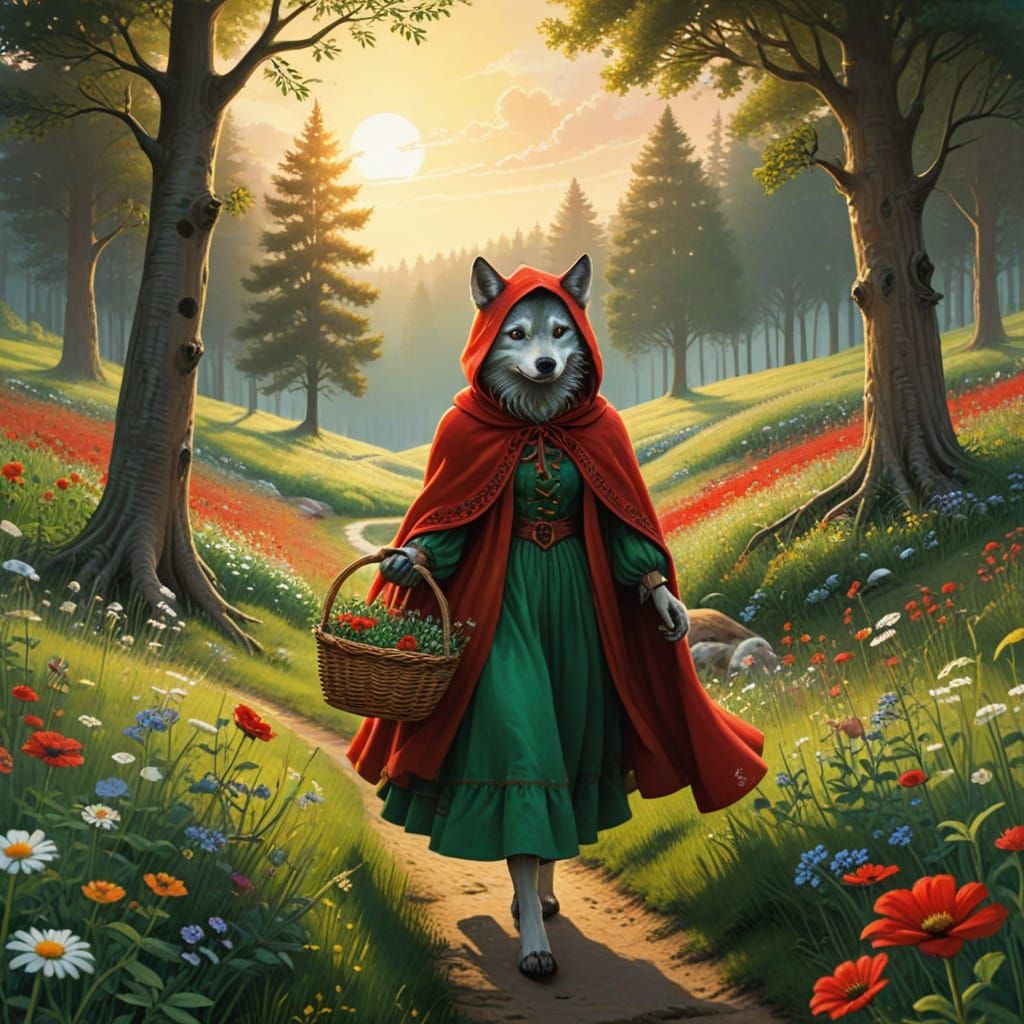 Red Riding Hood Meets Wolf in Sunlit Meadow Fairytale