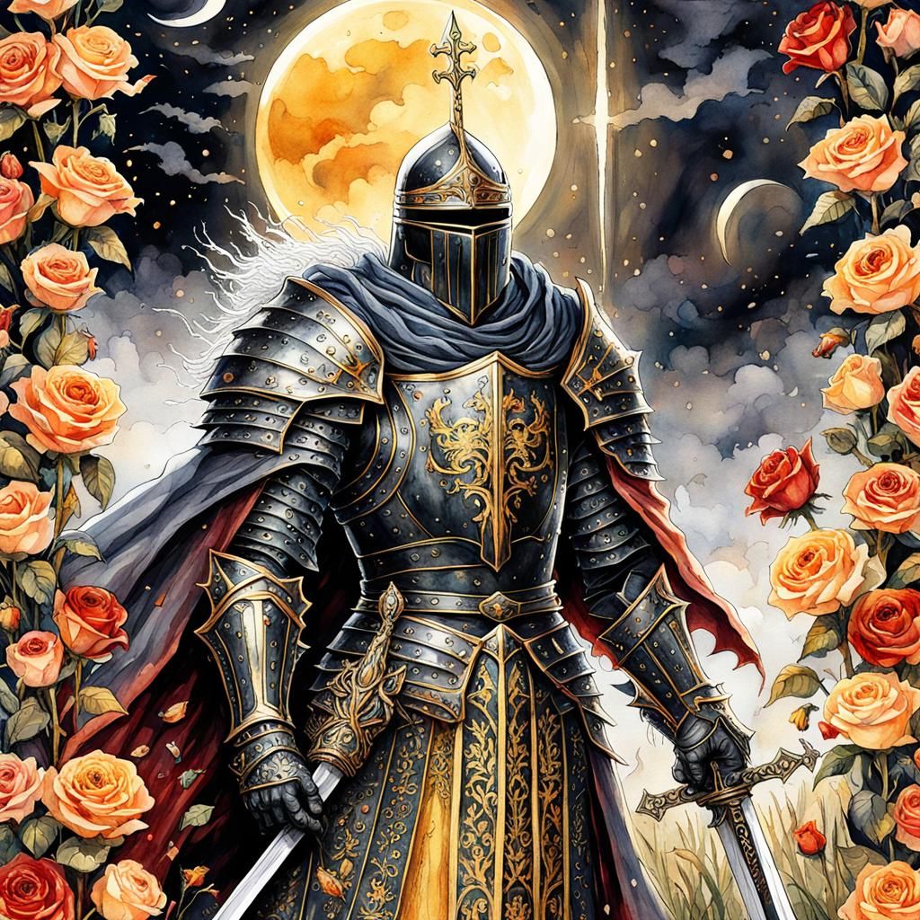 Gothic Knight in Rose Field Under Eclipse: Watercolor