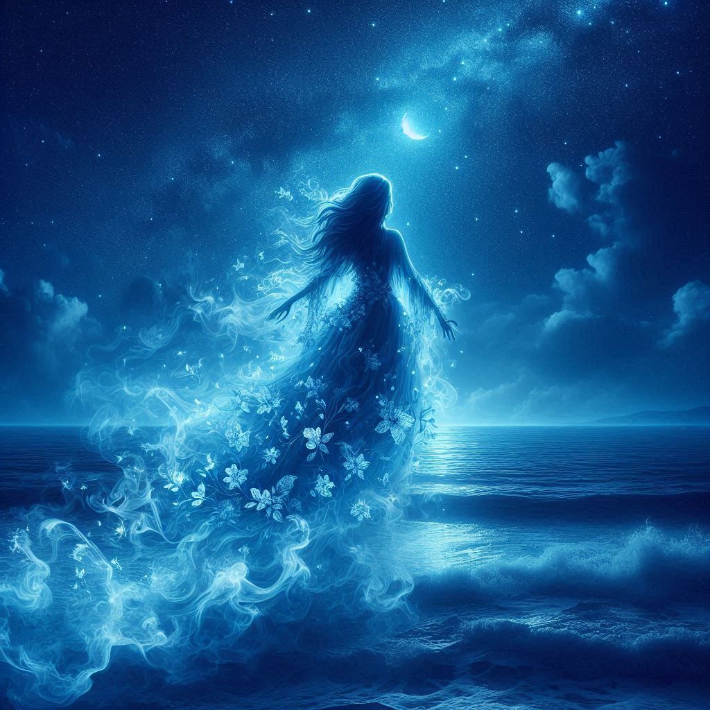 Blue ghost lady floating over the ocean.