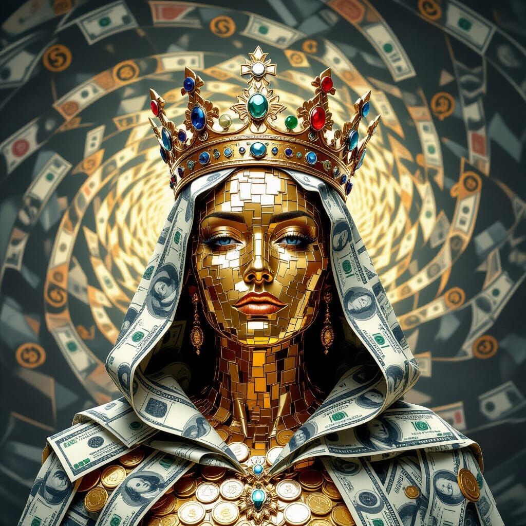 Surreal Regal Figure Crowned with Dollar Bills