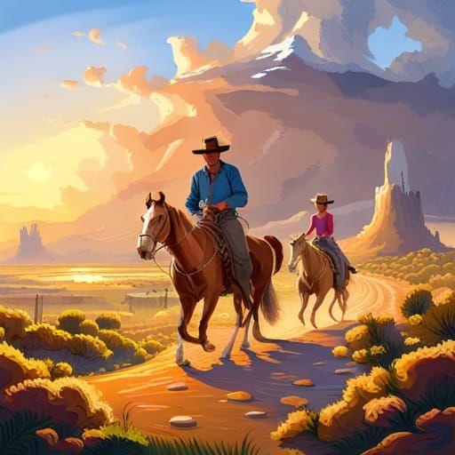 Cowboy and cowgirl in the wild west, both on horseback, ridi...