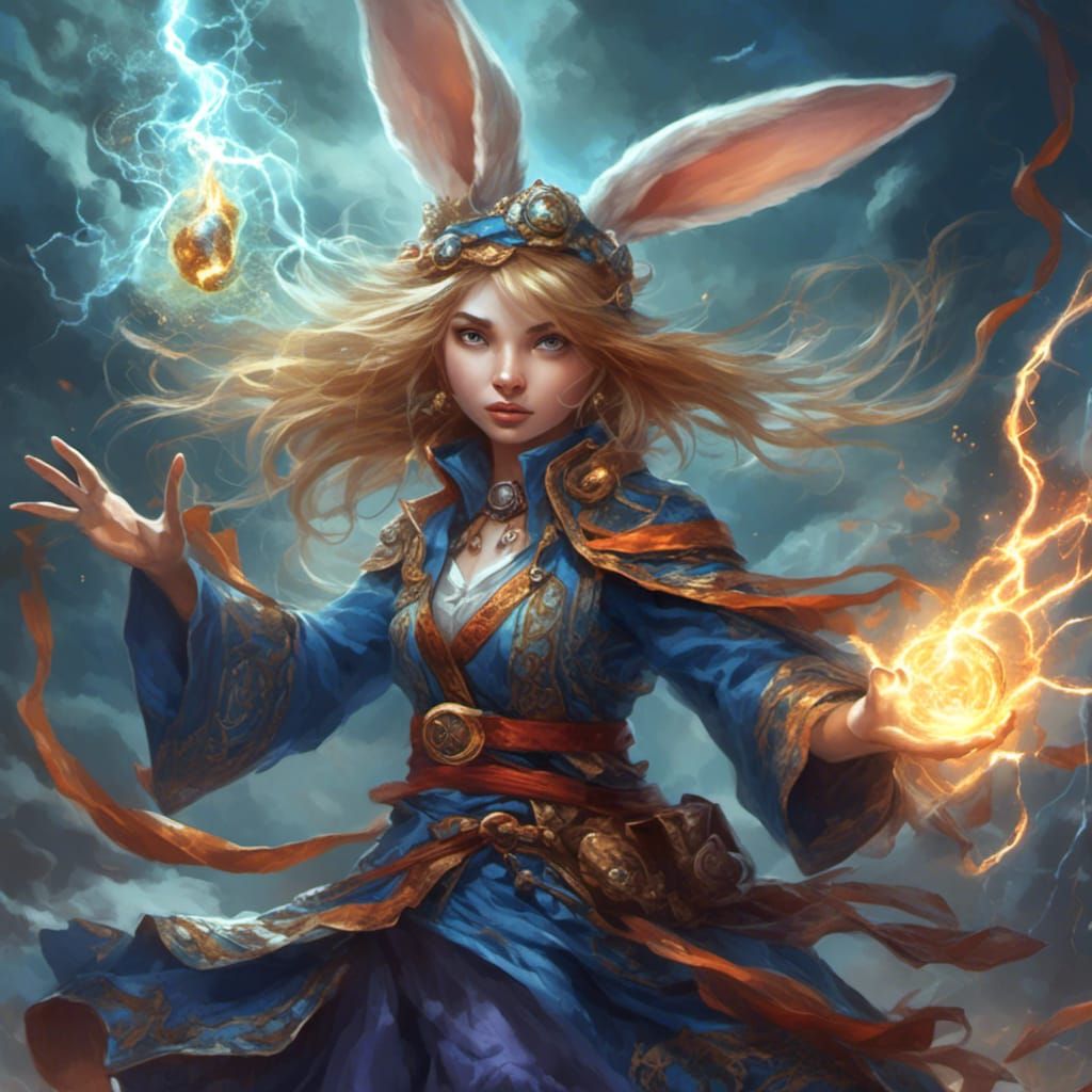 <lora:NC Hyperreal:1.0> Lightning rabbit mage. Channing the ...