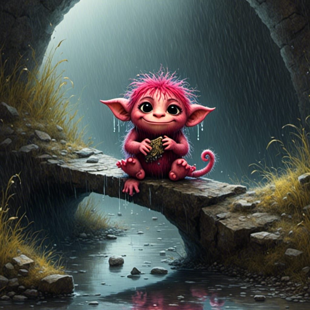  <lora:Chibi Monsters:1.0> chibi troll sitting under a bridge hiding from the rain
