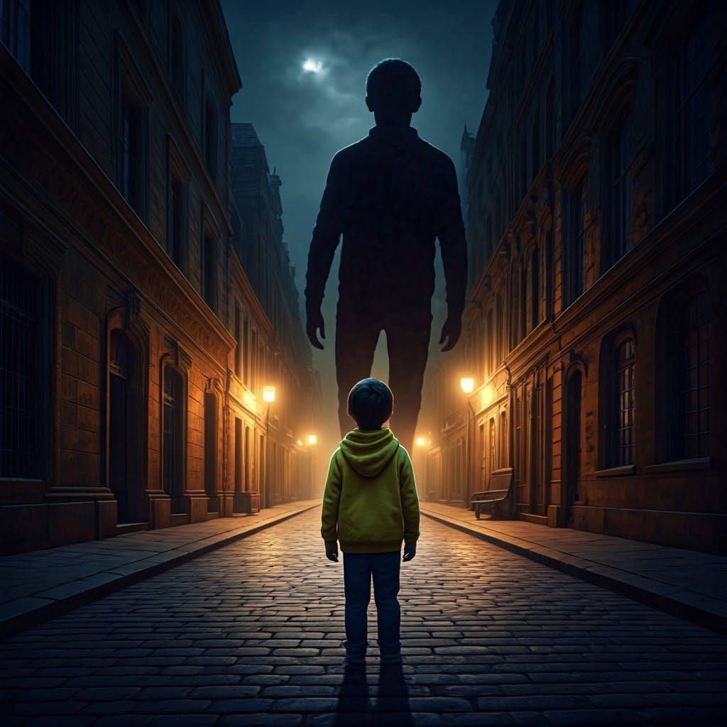 A Young Boy's Isolated Figure against a Moody Nighttime City...