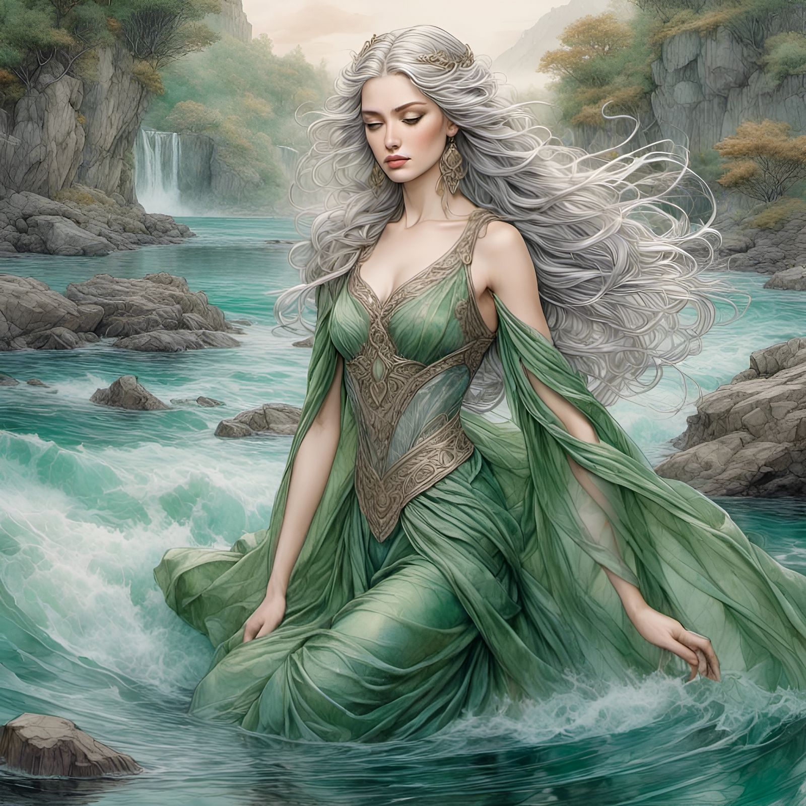<lora:Swords-n-Sorcery:1.0> The serene lady of the lake, her presence emanating tranquility and grace: her flowing, silver hair catching the...