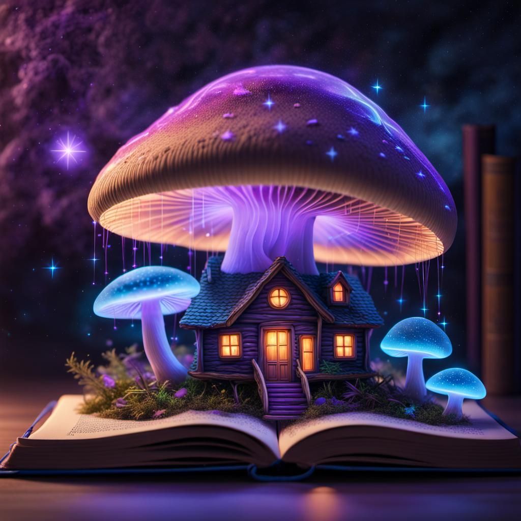 Bioluminescent mushroom house   by @Arrioch