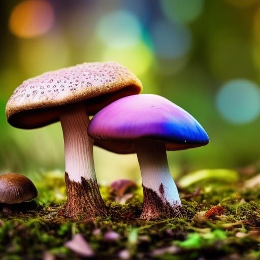 Magical scenery, mushroom forest, rainbow colors, water drop...