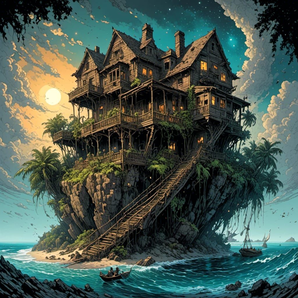 A multi-storey rickety old house on a tiny island in the middle of the ocean. <lora:Caffeinated Cosmic:1.0> 