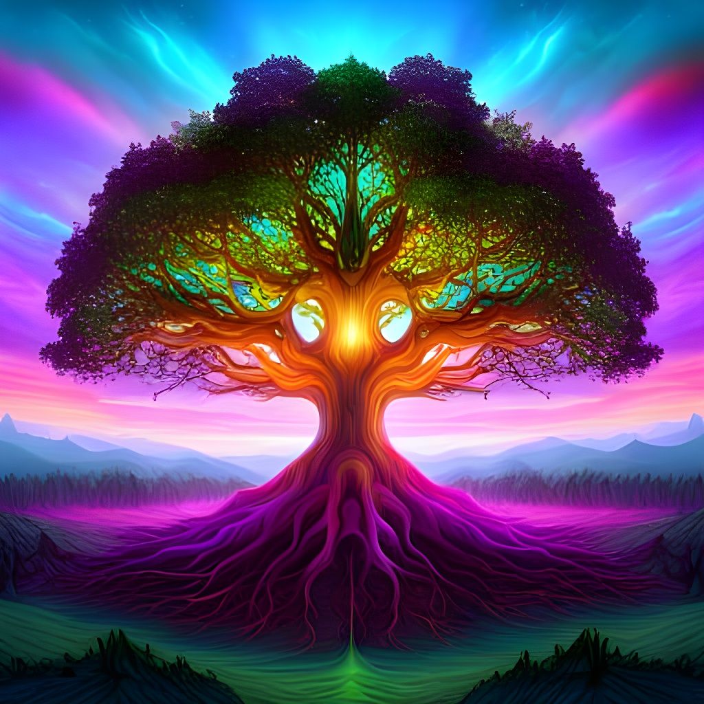 a large magnificent tree with illuminated bioluminescent roo...
