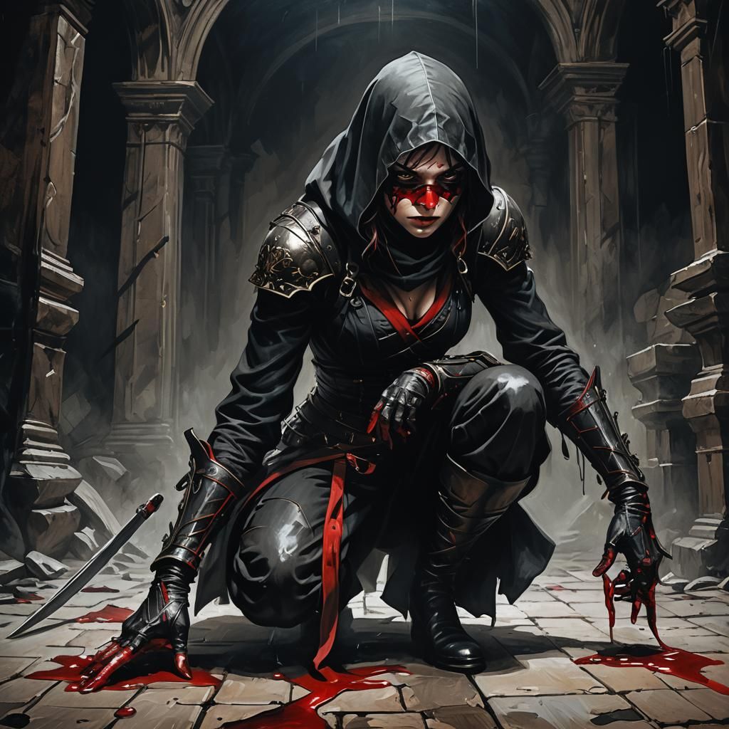 Crouching female assassin. Sharp pretty eyes. Masked mouth. Gothic. Dark.