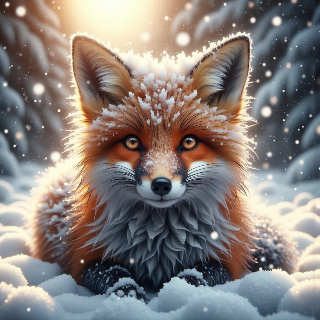 A powerful scene of a majestic, snow-encrusted red fox. The fox is gazing directly at the viewer, imparting a mesmerising, soft, and enchant...