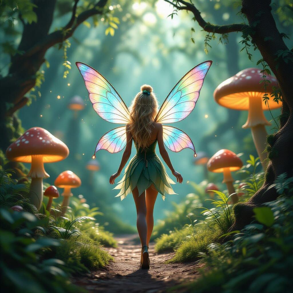 A whimsical, real-life Tinkerbell in a lush, bohemian forest, captured in breathtaking 24K resolution with subtle bokeh and intricate detail...