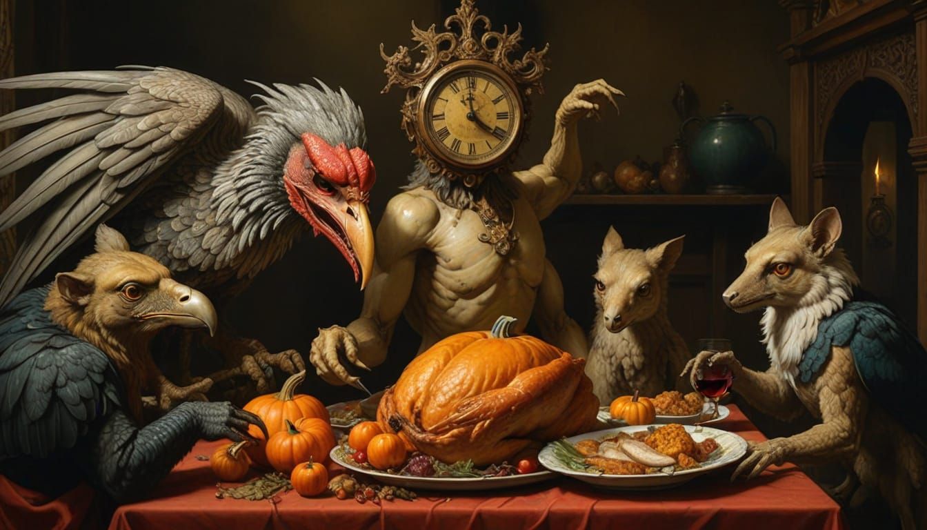 THE CUCKOO CLOCK MAN SHARING HIS THANKSGIVING DINNER WITH AN ASSORTMENT OF CRYPTID CREATURES - UPDATED VERSION - Start Image 1