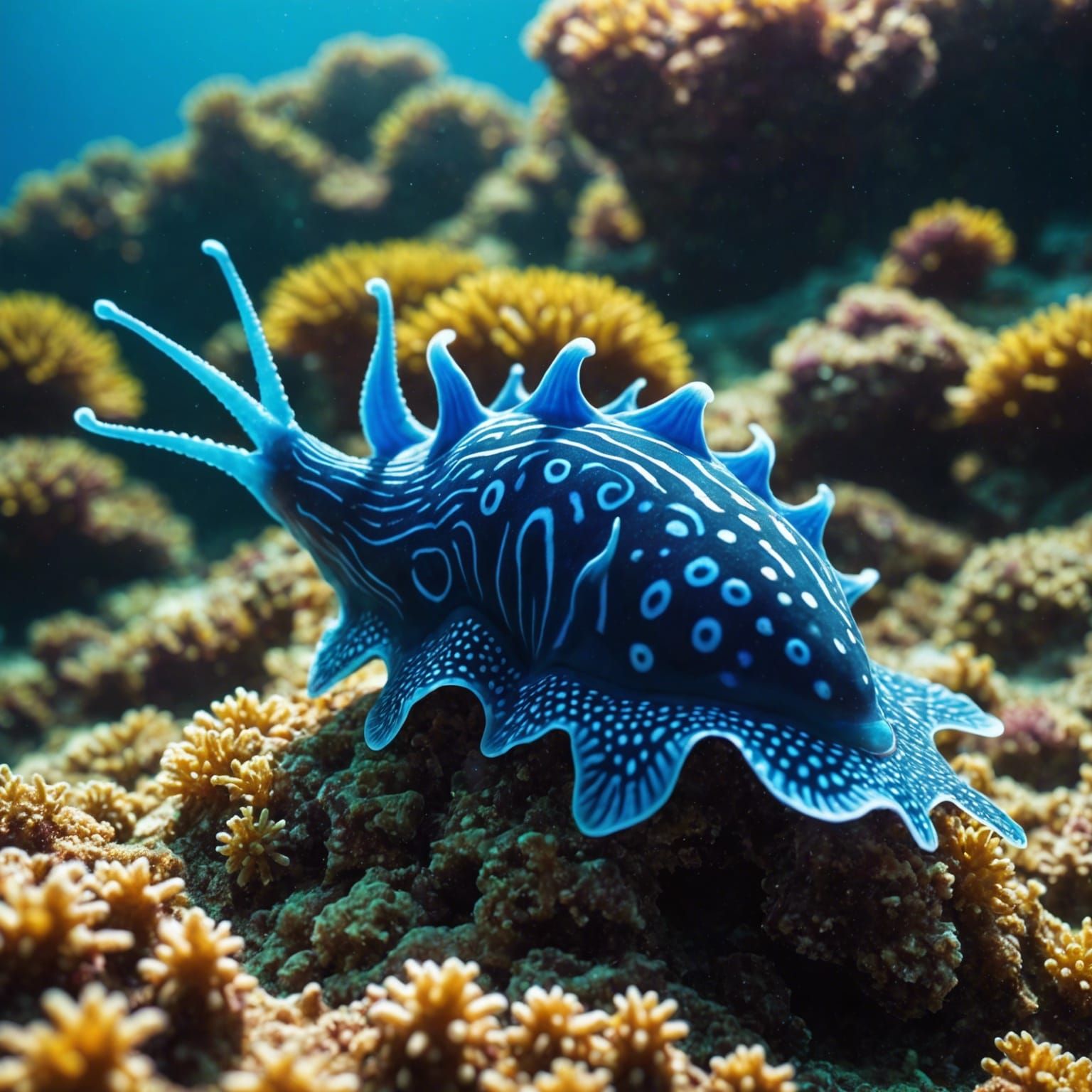 Brightly colored blue dragon sea slug in the sea in sunlight  by @Eto Demerzel