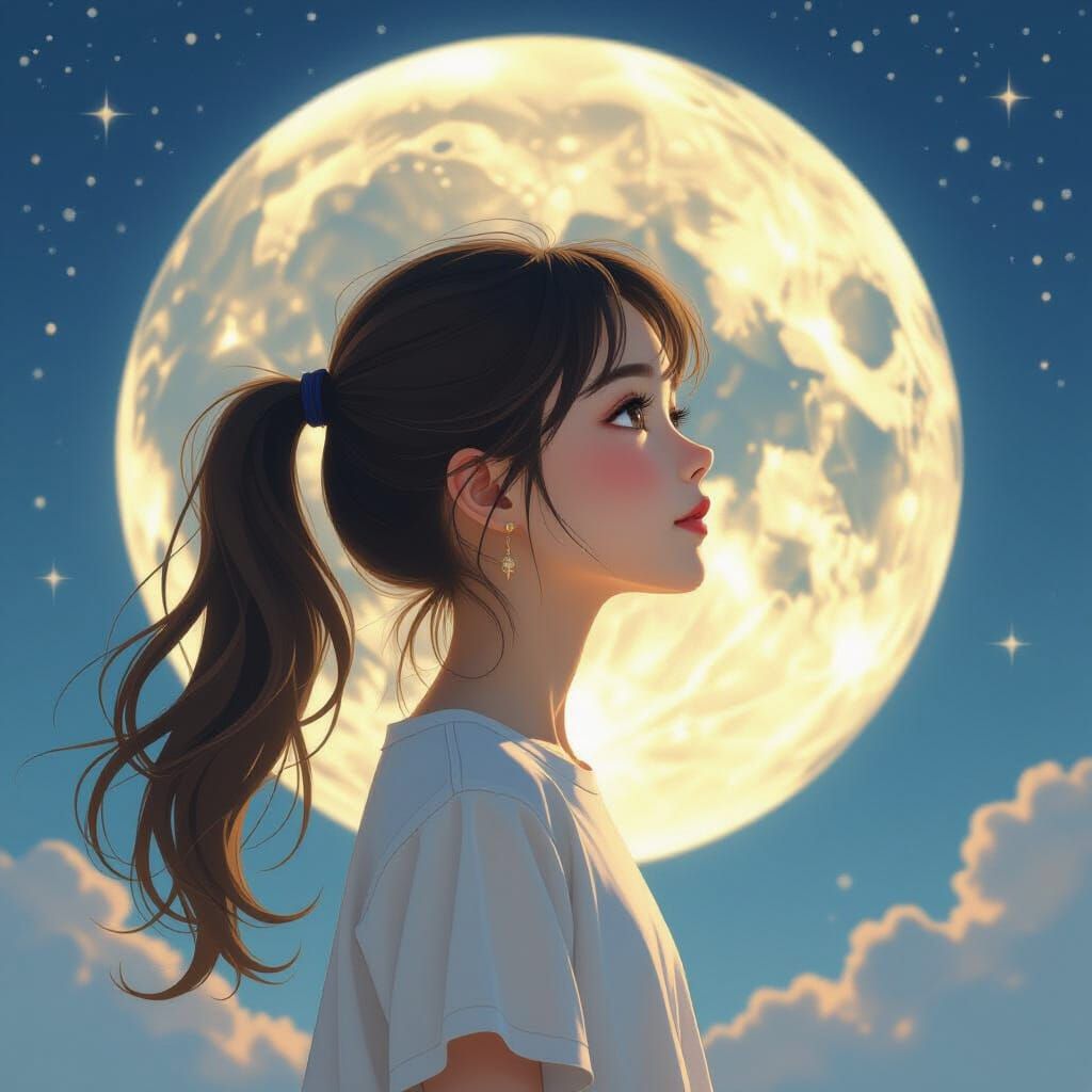 Youthful Girl Gazes Affectionately at Moonlit Sky
