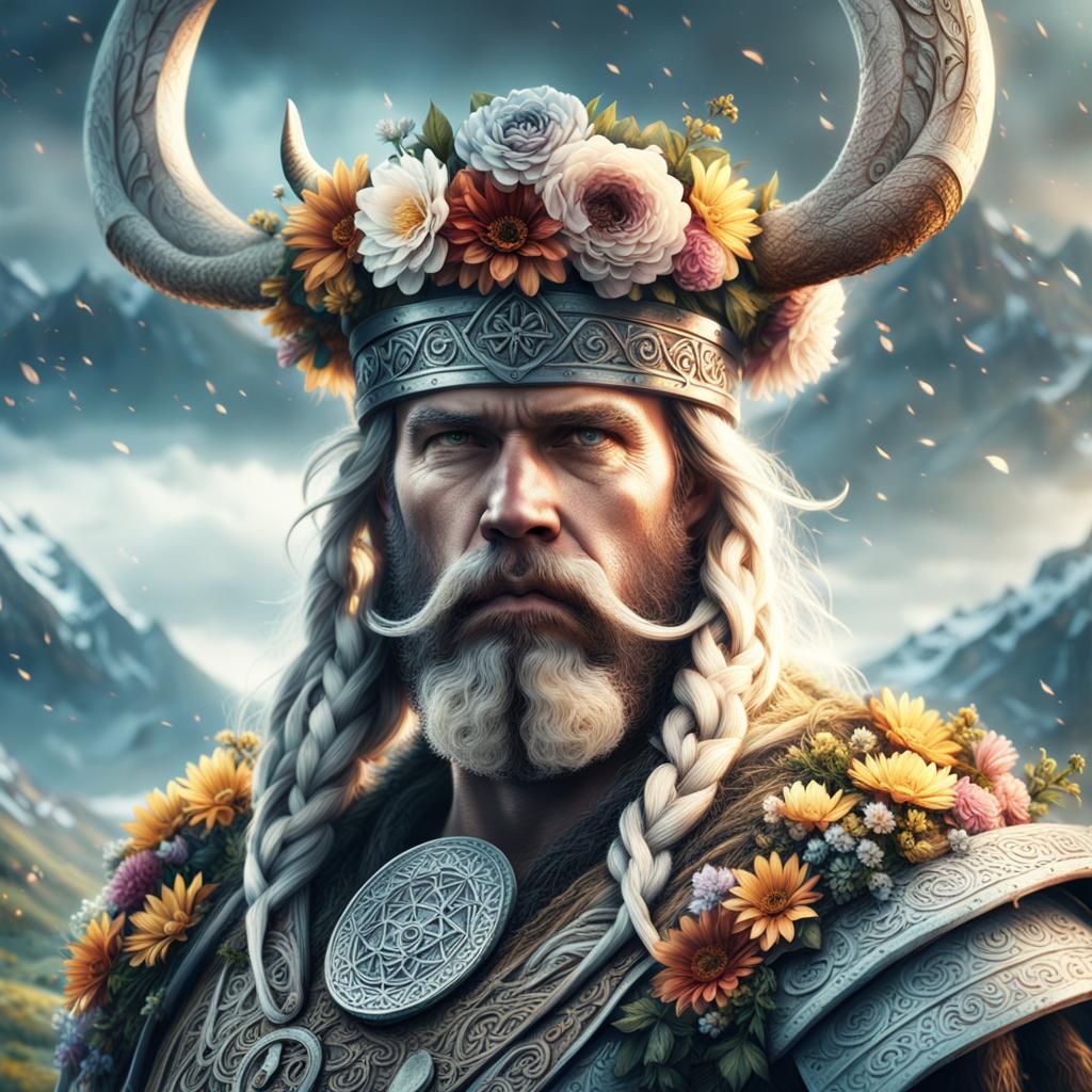 Strong viking man wearing a beautiful flower crown and flowers in his ...