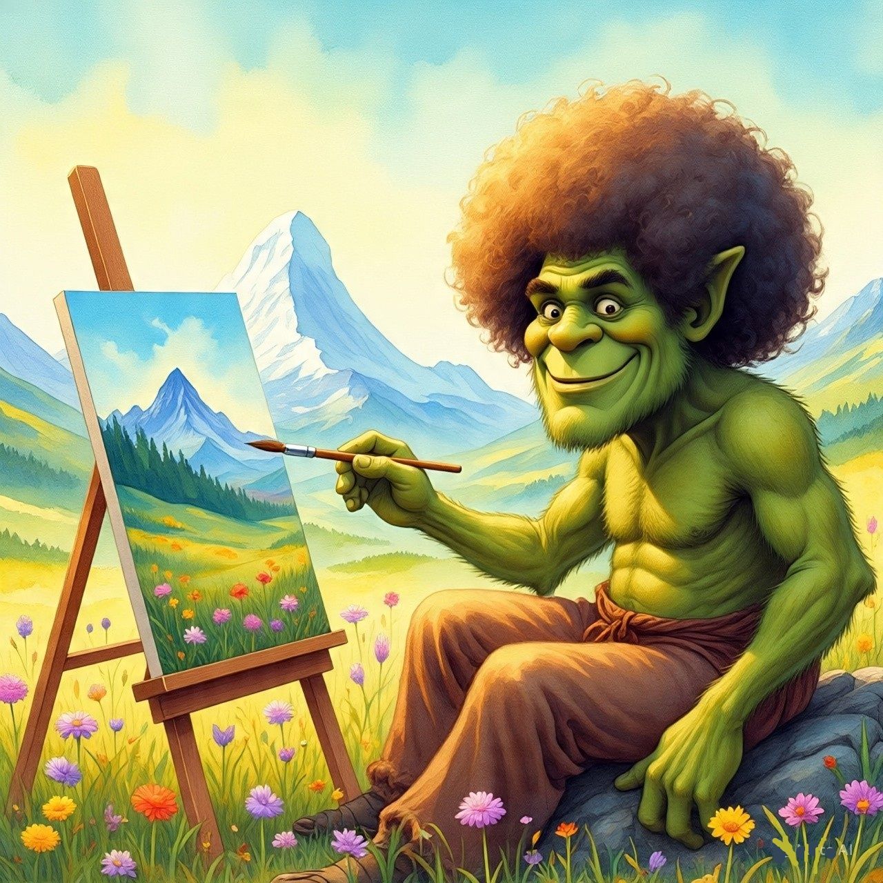 Booger likes to paint happy trees.