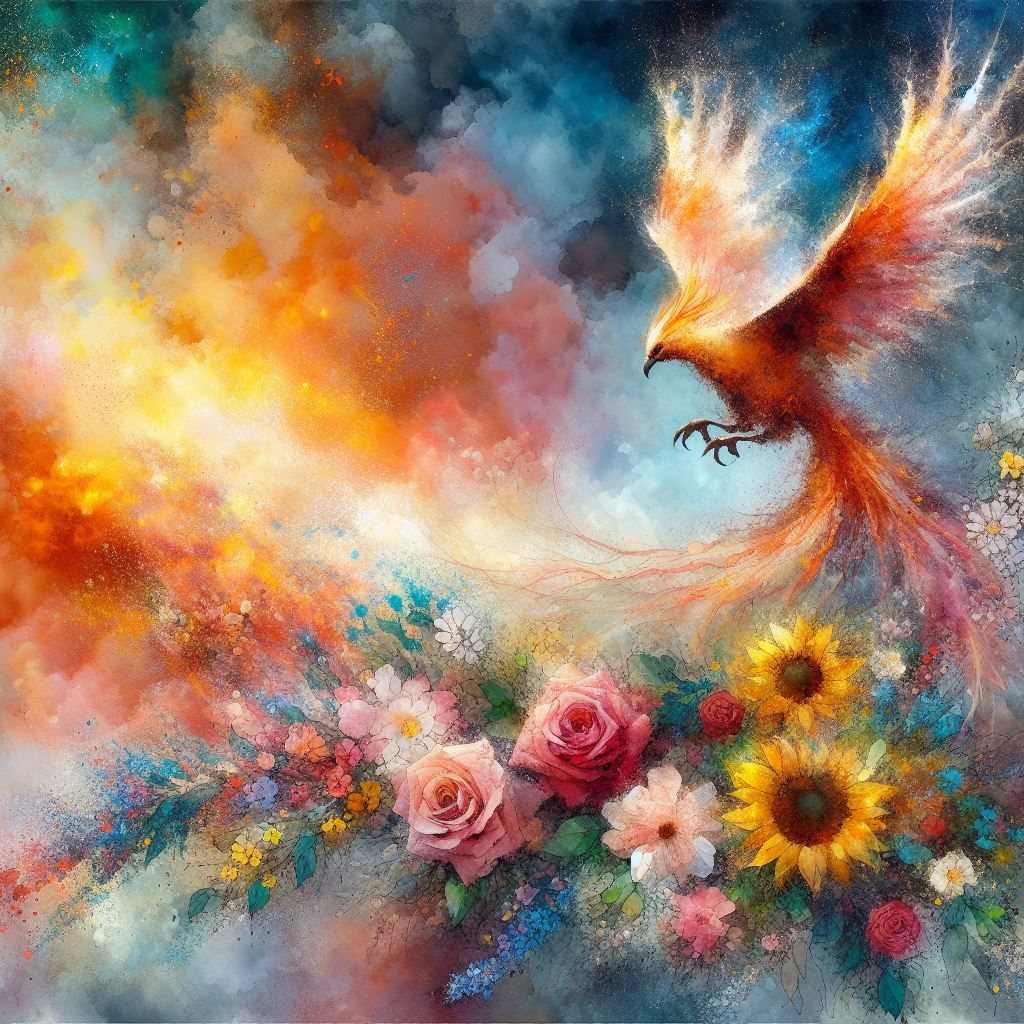 Foggy fire, watercolor phoenix