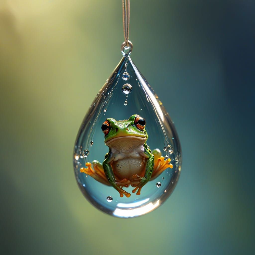 A hanging shiny teardrop.  It contains a tiny little frog  by @AlisonM