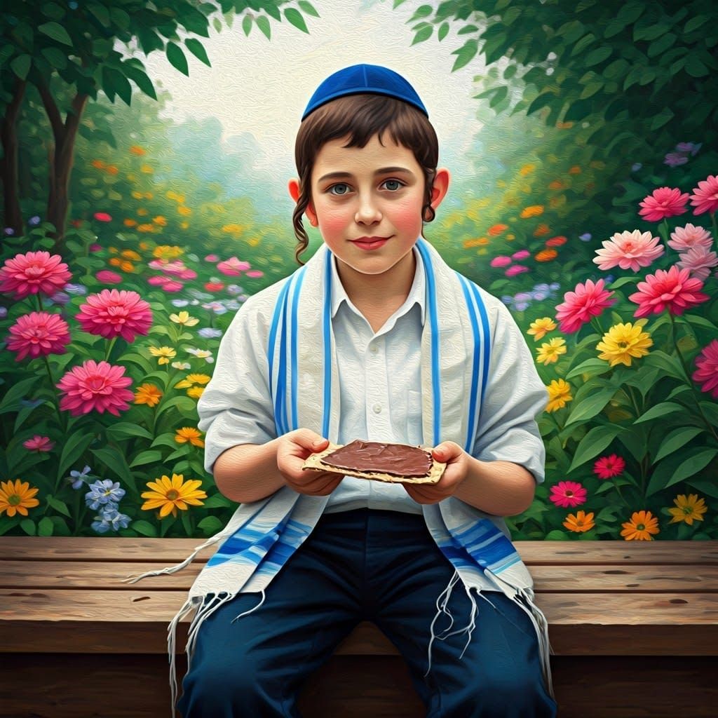 Surreal Scene of Young Boy with Chocolate-Topped Matzah in a...