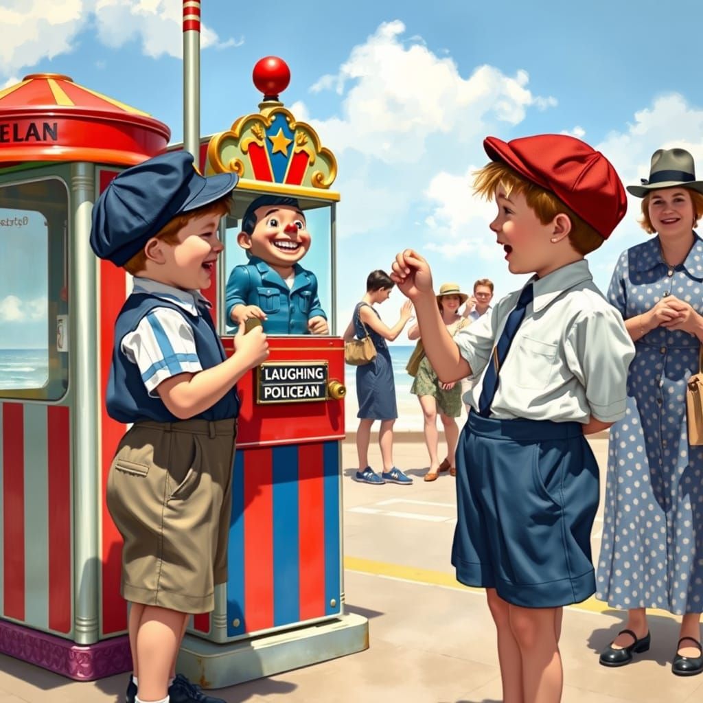 Schoolboys 1940s put a coin in a seaside "Laughing Policeman" machine as it moves about causing hilarity to the seaside passersby 