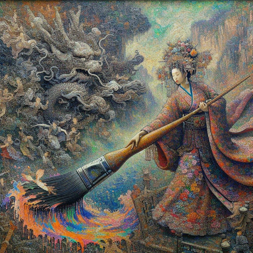 dramatic painting of beautiful Japanese princess with a detailed face, dancing with a giant paint brush, painting a beautiful Chinese mural...