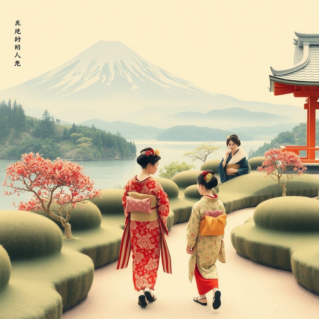 Ukiyo-e style, drawn on paper, with kanji letters, geishas i...